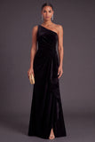 Black Ruffled Ruched One Shoulder Mermaid Long Formal Dress with Slit