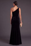 Black Ruffled Ruched One Shoulder Mermaid Long Formal Dress with Slit