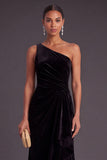 Black Ruffled Ruched One Shoulder Mermaid Long Formal Dress with Slit