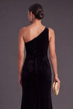 Black Ruffled Ruched One Shoulder Mermaid Long Formal Dress with Slit