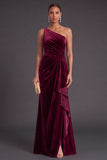 Black Ruffled Ruched One Shoulder Mermaid Long Formal Dress with Slit
