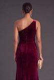 Black Ruffled Ruched One Shoulder Mermaid Long Formal Dress with Slit