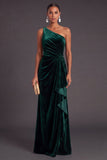 Black Ruffled Ruched One Shoulder Mermaid Long Formal Dress with Slit