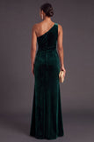 Black Ruffled Ruched One Shoulder Mermaid Long Formal Dress with Slit