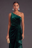Black Ruffled Ruched One Shoulder Mermaid Long Formal Dress with Slit