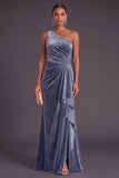 Black Ruffled Ruched One Shoulder Mermaid Long Formal Dress with Slit