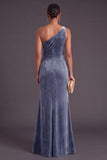 Black Ruffled Ruched One Shoulder Mermaid Long Formal Dress with Slit