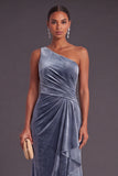 Black Ruffled Ruched One Shoulder Mermaid Long Formal Dress with Slit