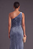 Black Ruffled Ruched One Shoulder Mermaid Long Formal Dress with Slit