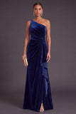 Black Ruffled Ruched One Shoulder Mermaid Long Formal Dress with Slit