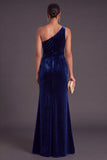 Black Ruffled Ruched One Shoulder Mermaid Long Formal Dress with Slit