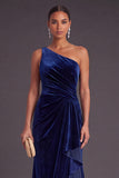 Black Ruffled Ruched One Shoulder Mermaid Long Formal Dress with Slit