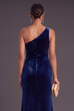 Black Ruffled Ruched One Shoulder Mermaid Long Formal Dress with Slit