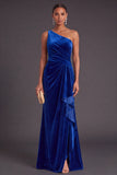 Black Ruffled Ruched One Shoulder Mermaid Long Formal Dress with Slit
