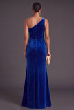 Black Ruffled Ruched One Shoulder Mermaid Long Formal Dress with Slit