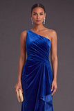 Black Ruffled Ruched One Shoulder Mermaid Long Formal Dress with Slit