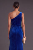 Black Ruffled Ruched One Shoulder Mermaid Long Formal Dress with Slit