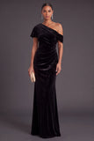 Black One Shoulder Ruched Mermaid Long Formal Dress