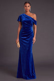 Black One Shoulder Ruched Mermaid Long Formal Dress