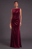 Burgundy Boat Neck Ruched Long Mermaid Formal Dress with Slit