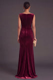Burgundy Boat Neck Ruched Long Mermaid Formal Dress with Slit