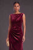 Burgundy Boat Neck Ruched Long Mermaid Formal Dress with Slit