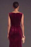 Burgundy Boat Neck Ruched Long Mermaid Formal Dress with Slit