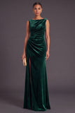 Burgundy Boat Neck Ruched Long Mermaid Formal Dress with Slit