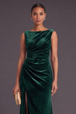 Burgundy Boat Neck Ruched Long Mermaid Formal Dress with Slit