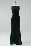 Burgundy Boat Neck Ruched Long Mermaid Formal Dress with Slit