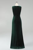 Burgundy Boat Neck Ruched Long Mermaid Formal Dress with Slit