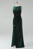 Burgundy Boat Neck Ruched Long Mermaid Formal Dress with Slit
