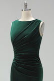 Burgundy Boat Neck Ruched Long Mermaid Formal Dress with Slit