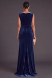 Burgundy Boat Neck Ruched Long Mermaid Formal Dress with Slit