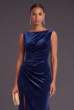Burgundy Boat Neck Ruched Long Mermaid Formal Dress with Slit