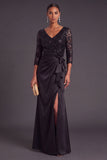 Sparkly Sequins Black Floral Ruffled V-Neck Long Mermaid Formal Dress with Slit