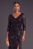 Sparkly Sequins Black Floral Ruffled V-Neck Long Mermaid Formal Dress with Slit