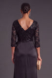 Sparkly Sequins Black Floral Ruffled V-Neck Long Mermaid Formal Dress with Slit