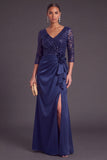 Sparkly Sequins Black Floral Ruffled V-Neck Long Mermaid Formal Dress with Slit