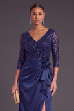 Sparkly Sequins Black Floral Ruffled V-Neck Long Mermaid Formal Dress with Slit