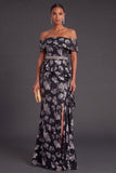 Black Floral Off the Shoulder Ruffled Mermaid Long Formal Dress with Slit