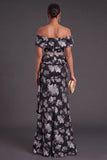 Black Floral Off the Shoulder Ruffled Mermaid Long Formal Dress with Slit