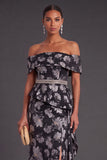 Black Floral Off the Shoulder Ruffled Mermaid Long Formal Dress with Slit