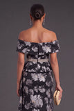 Black Floral Off the Shoulder Ruffled Mermaid Long Formal Dress with Slit