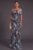 Black Floral Off the Shoulder Ruffled Mermaid Long Formal Dress with Slit