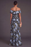 Black Floral Off the Shoulder Ruffled Mermaid Long Formal Dress with Slit