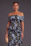 Black Floral Off the Shoulder Ruffled Mermaid Long Formal Dress with Slit