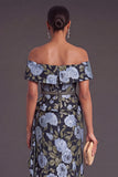 Black Floral Off the Shoulder Ruffled Mermaid Long Formal Dress with Slit