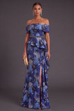 Black Floral Off the Shoulder Ruffled Mermaid Long Formal Dress with Slit