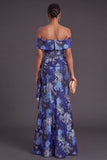 Black Floral Off the Shoulder Ruffled Mermaid Long Formal Dress with Slit